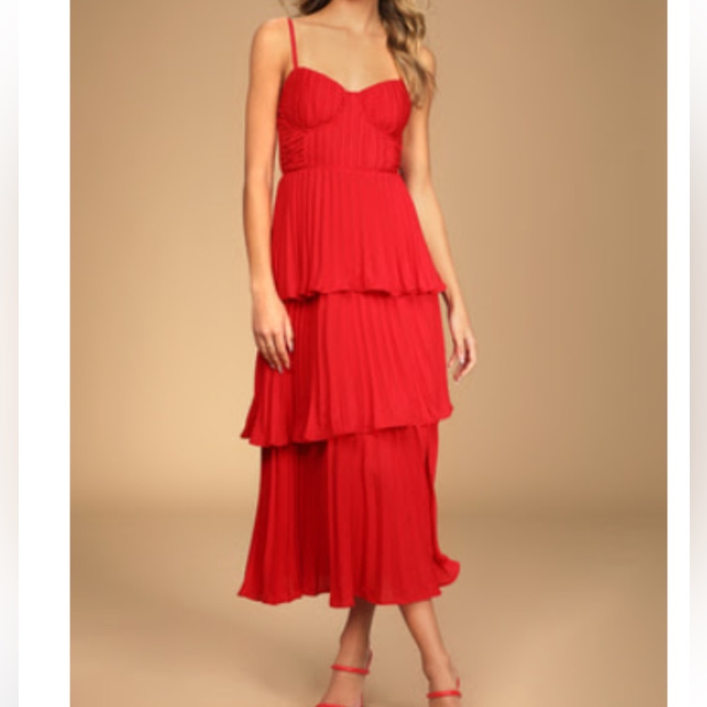 NWT Lulus Cascading Crush Red Tiered Bustier Midi Dress - Red - Size L